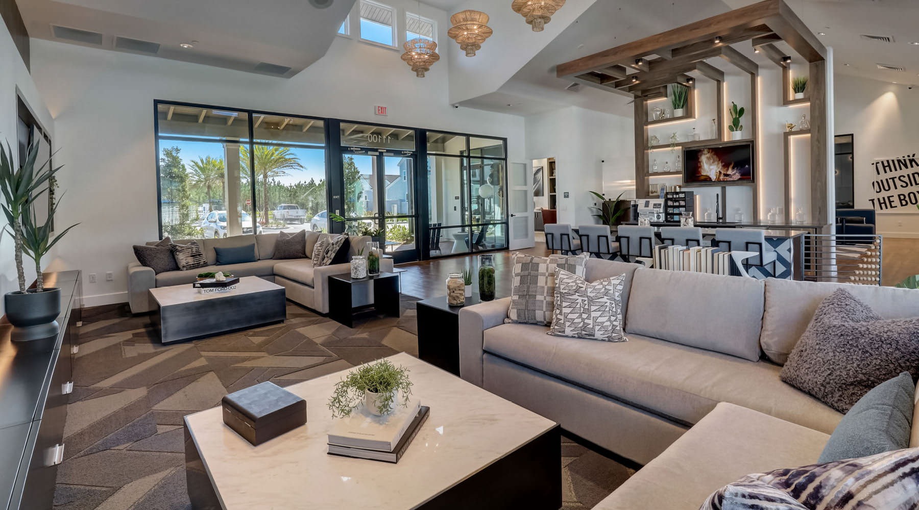 a living room with a large window